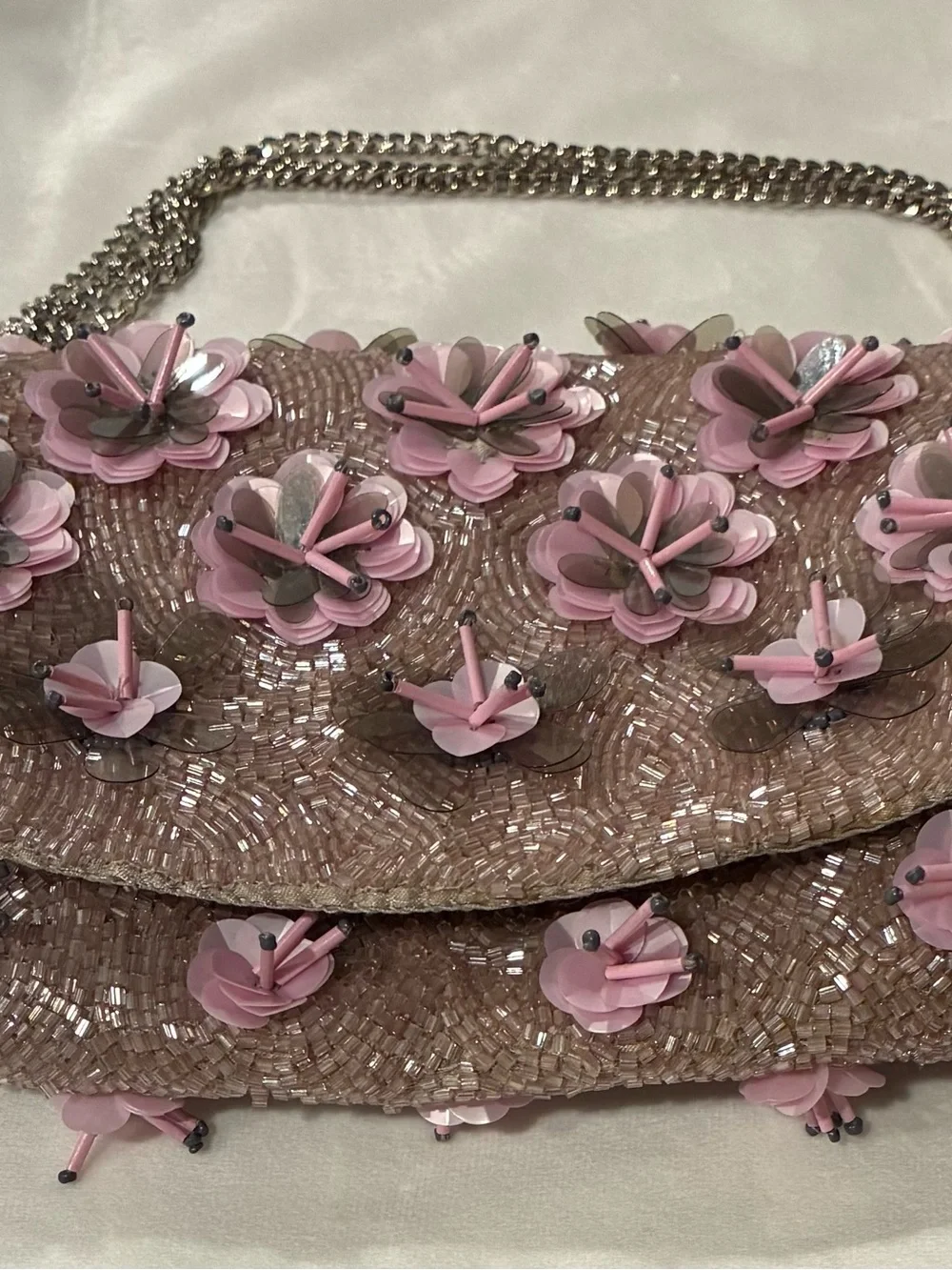 Beaded Floral Clutch Taupe/Pink Silver Chain Strap Snap Lined